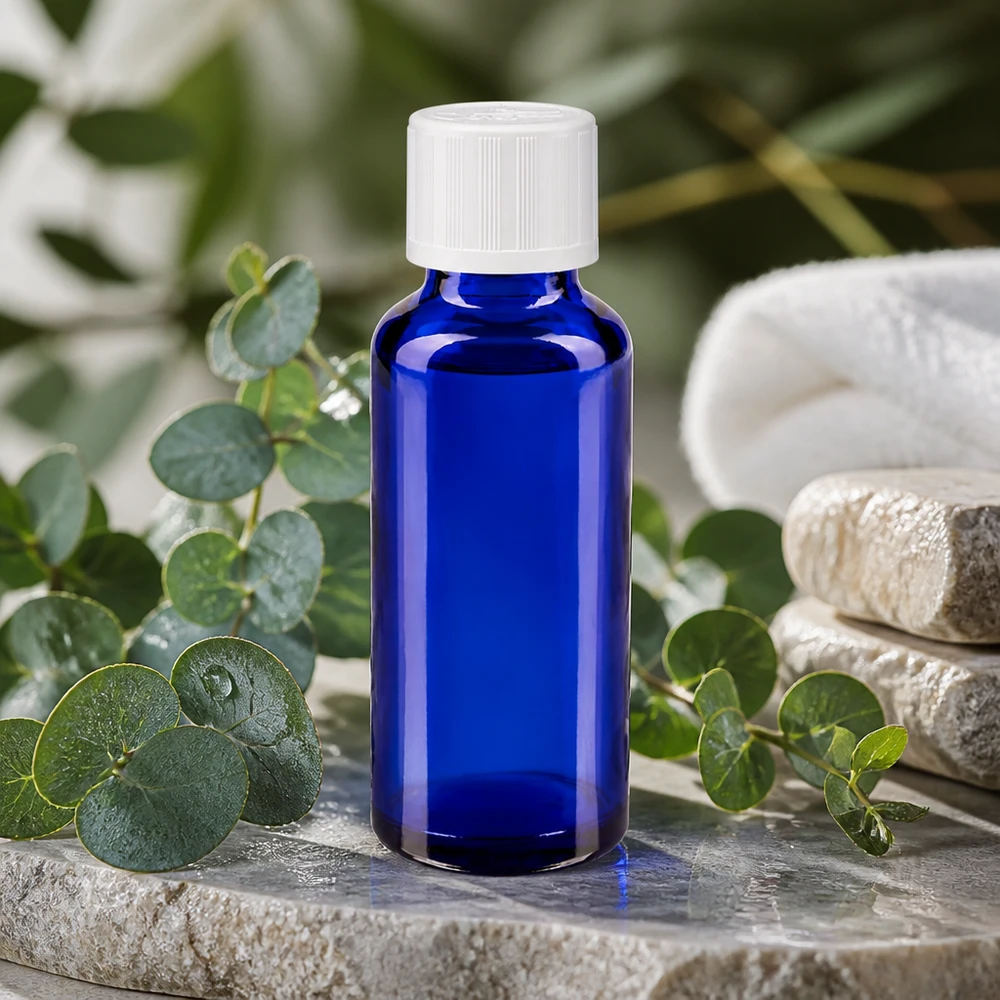 Botella de farmacia azul 30ml tapón de rosca blanco a prueba de niños estándar Frasco de farmacia azul de 30 ml con tapón de rosca blanco sobre una piedra natural con ramitas de eucalipto