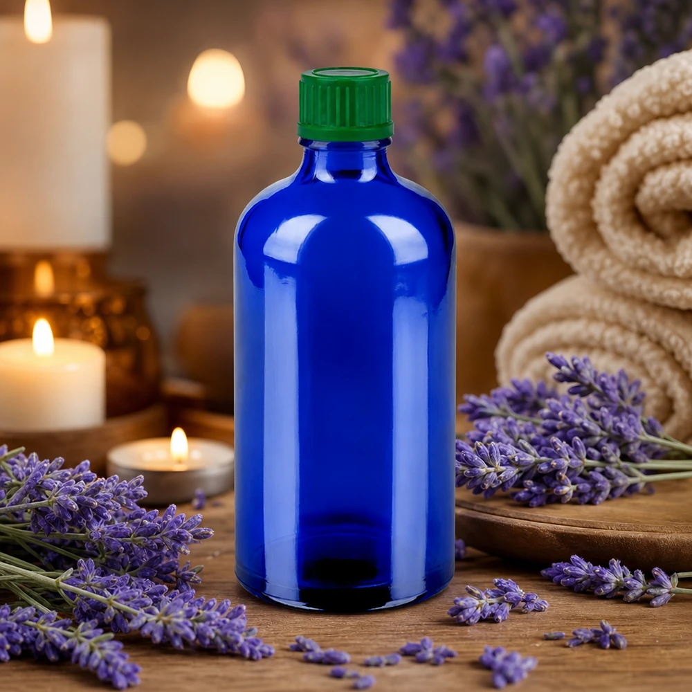 Botella 100ml 11mm tapón rosca verde estándar BlueLine UT18/100 Frasco cosmético de 100 ml de vidrio de alta calidad en color azul para aceites esenciales y aromaterapia