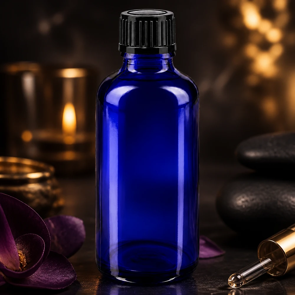 Botella de cristal azul de 50 ml con tapón negro junto a flores de orquídea y piedras de masaje