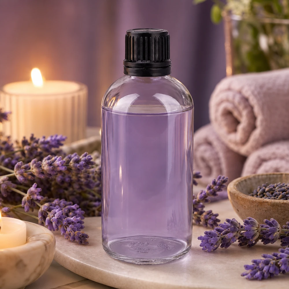 Botella de 100ml (Globul)Flas. 3mm GR s. STD ClearLine UT18/1 Frasco de cristal de 100 ml con aceite de lavanda, presentado en un ambiente de spa con velas y toallas