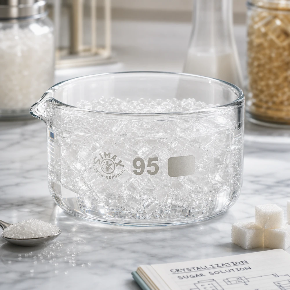Cristalizador 300ml con pico borosilicato ø95mm Cuenco de cristalización de 300 ml lleno de cubitos de hielo; cuenco de cristal plano de 95 mm de diámetro; SIMAX; con pico vertedor; de laboratorio
