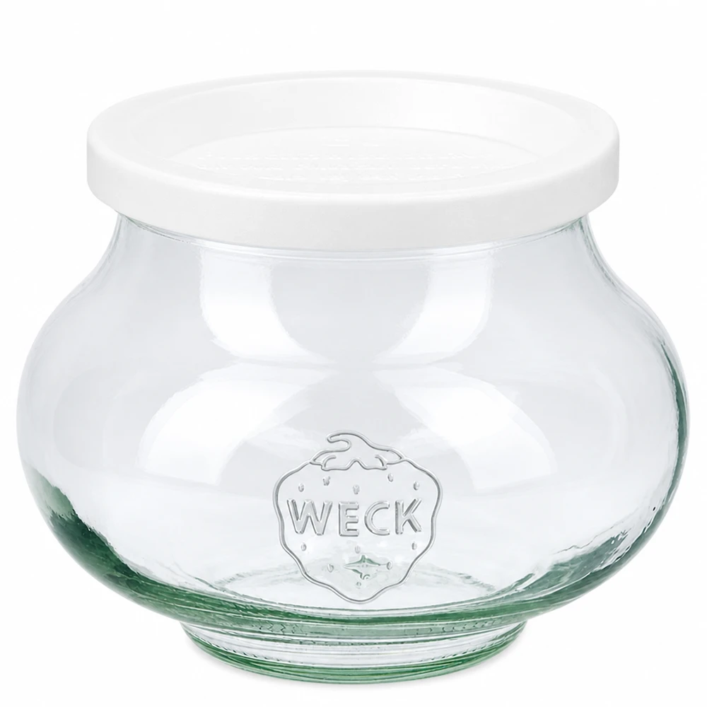 Frasco decorativo de 560 ml con tapa hermética WECK RR80 Tarro decorativo WECK de 560 ml con tapa blanca RR80 de vidrio transparente con el logotipo WECK en relieve