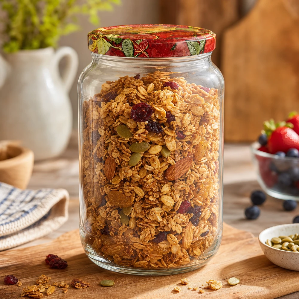 Tarro redondo 1062ml + tapa BasicSeal decoración frutas UNiTWIST 1062ml tarro redondo BasicSeal tapa fruta decoración relleno de muesli granola frutos secos desayuno tarro de almacenaje