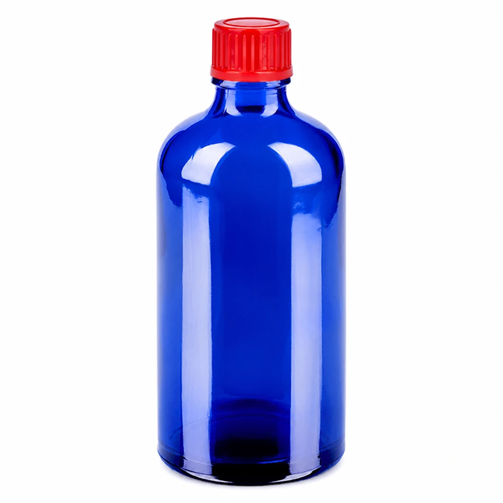 Frasco 100ml 11mm tapón rosca rojo estándar BlueLine UT18/100 Botella de vidrio azul de 100 ml con tapón de rosca rojo de 11 mm SV para medicamentos y cosméticos