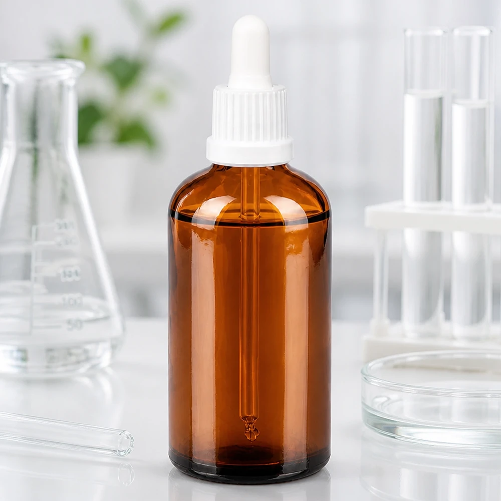 Frasco de laboratorio de 100 ml de vidrio ámbar con sistema cuentagotas de precisión para aplicaciones farmacéuticas