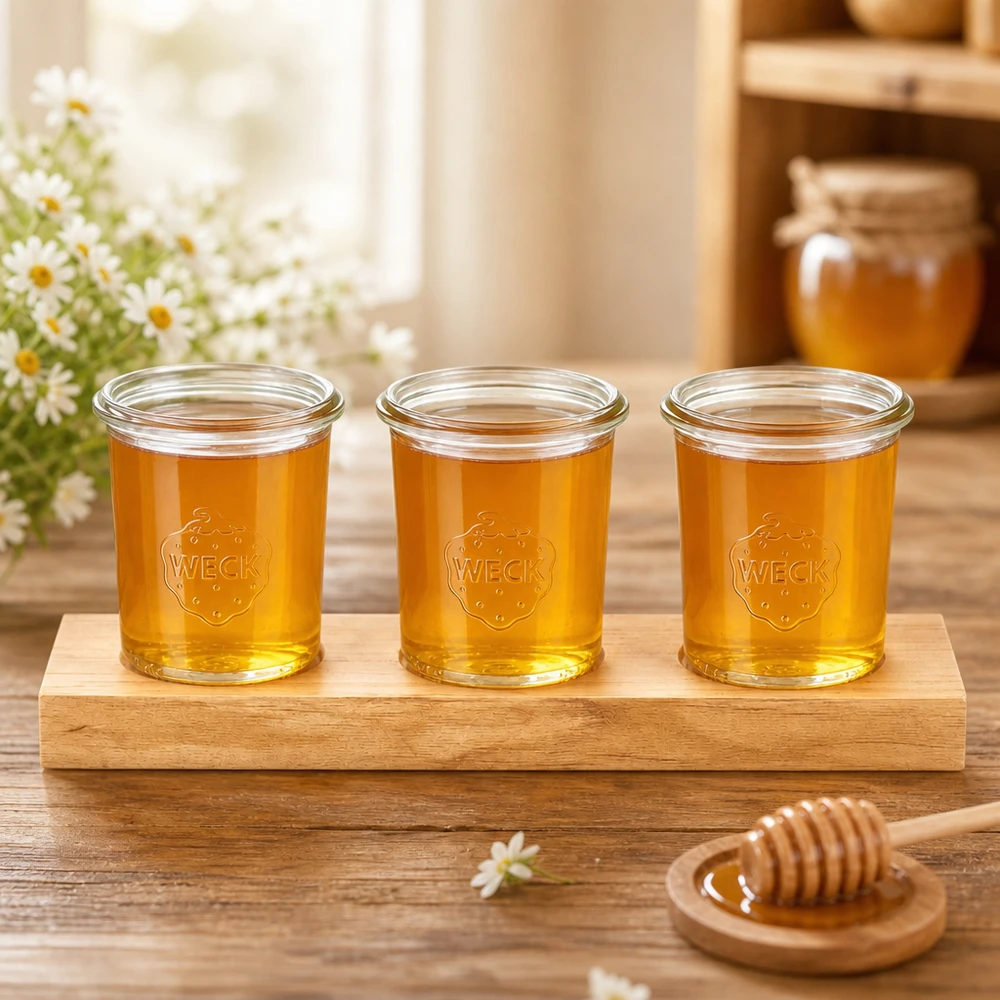Tres vasos Weck de 160 ml con miel dorada en una tabla de servir Plano3 junto a una cuchara para miel y decoración floral