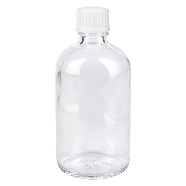 Botella de farmacia transparente 100ml tapón de rosca blanco glóbulos estándar Botella de farmacia transparente 100ml tapón de rosca blanco glóbulos estándar