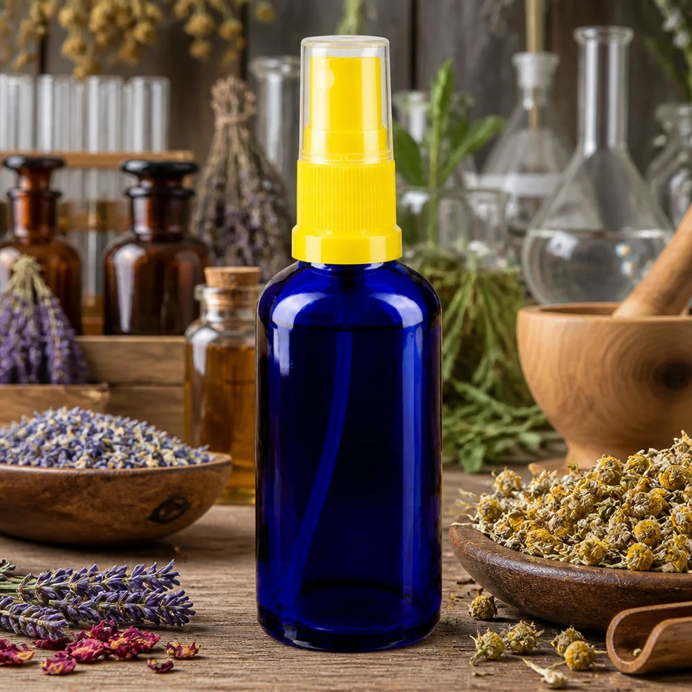 Botella de farmacia azul 50ml pulverizador superior amarillo Frasco pulverizador de cristal azul de 50 ml con dosificador amarillo, entre la lavanda y las hierbas aromáticas
