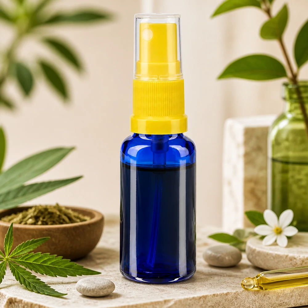 Pequeño frasco de farmacia con pulverizador de 20 ml, de cristal azul con pulverizador amarillo