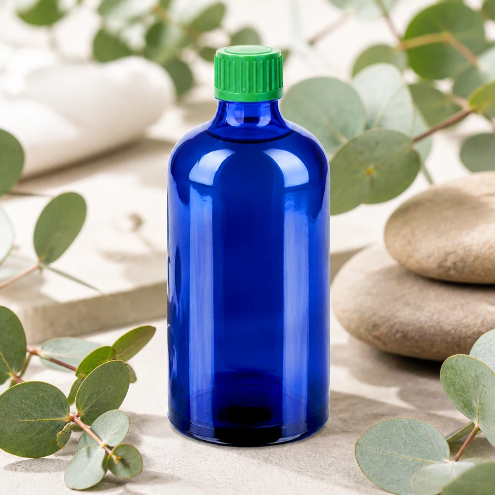 Frasco cuentagotas de 100 ml 0,8 mm verdeCierre estándar BlueLine UT18/100 Frasco de vidrio azul de 100 ml con tapón cuentagotas estándar para aceites esenciales y tinturas