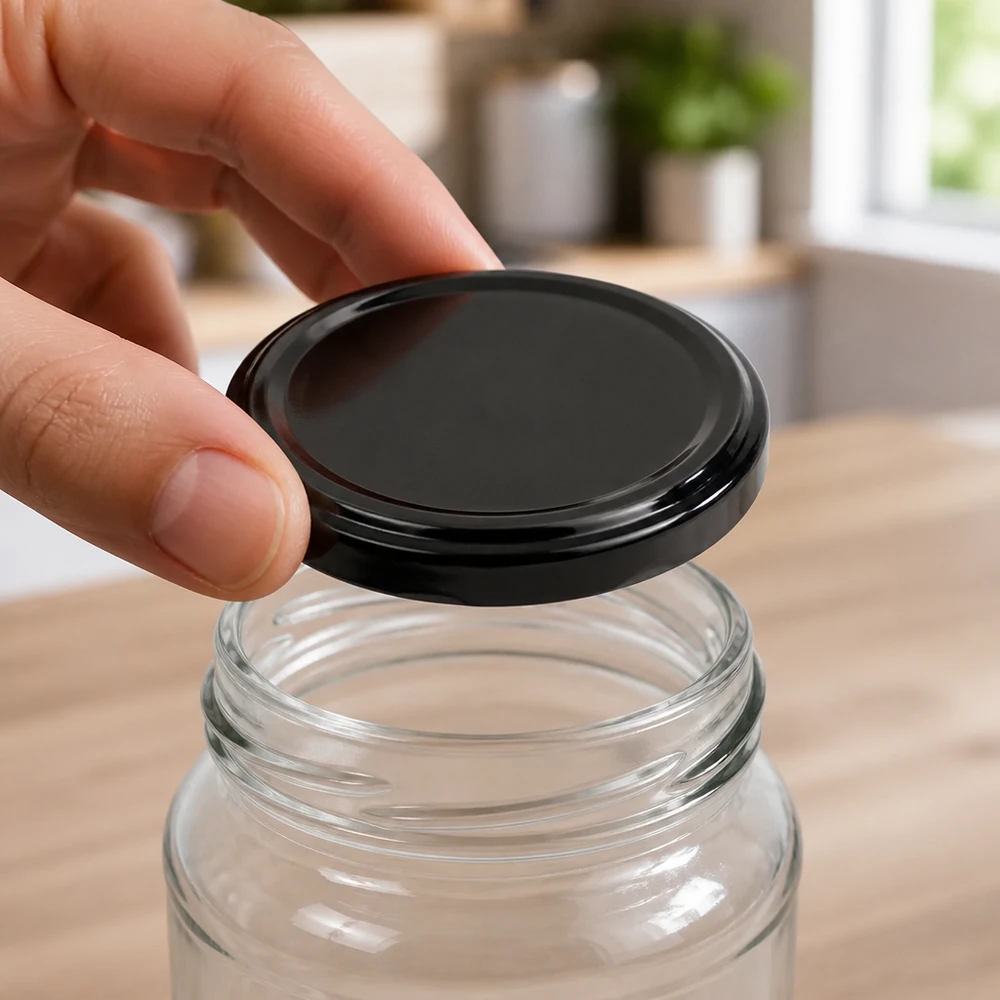 La tapa metálica negra de 82 mm TO82 BasicSeal se coloca sobre un tarro de conserva vacío.