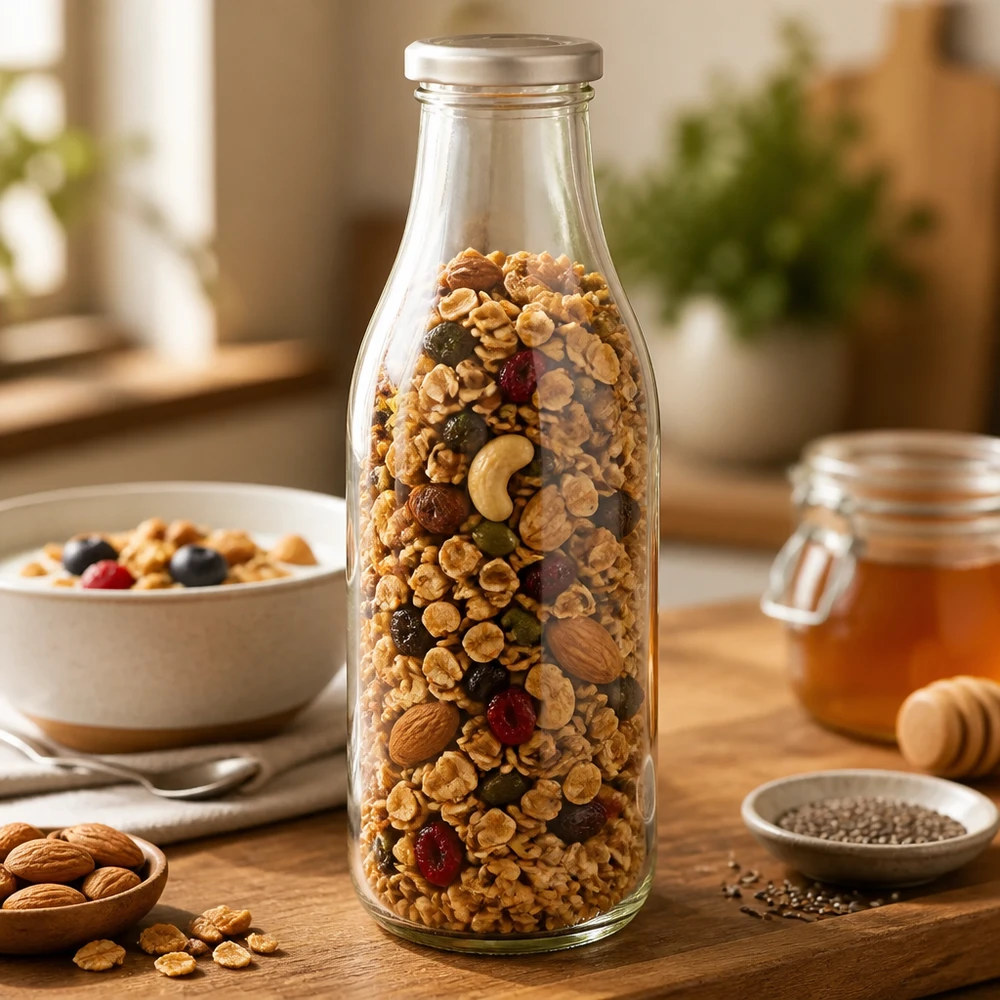 Botella de cristal BasicSeal silver de 1000 ml rellena de muesli de frutos secos para almacenar alimentos secos.