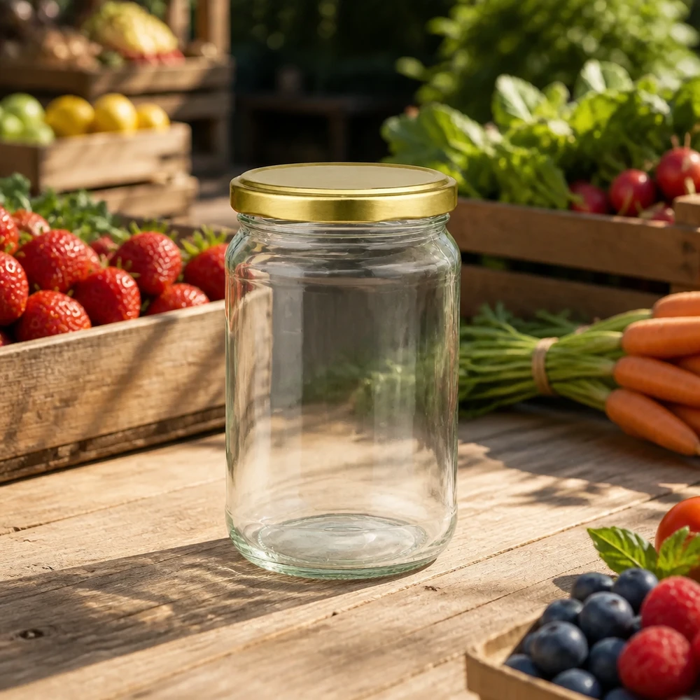 Vaso redondo dorado BasicSeal UNiTWIST de 305 ml entre frutas y verduras frescas sobre una mesa de madera en un entorno natural