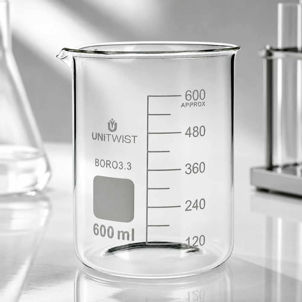 Vaso de medida UNiTWIST de 600 ml, de vidrio borosilicato transparente, con escala de medición de 120 a 600 ml, de forma baja
