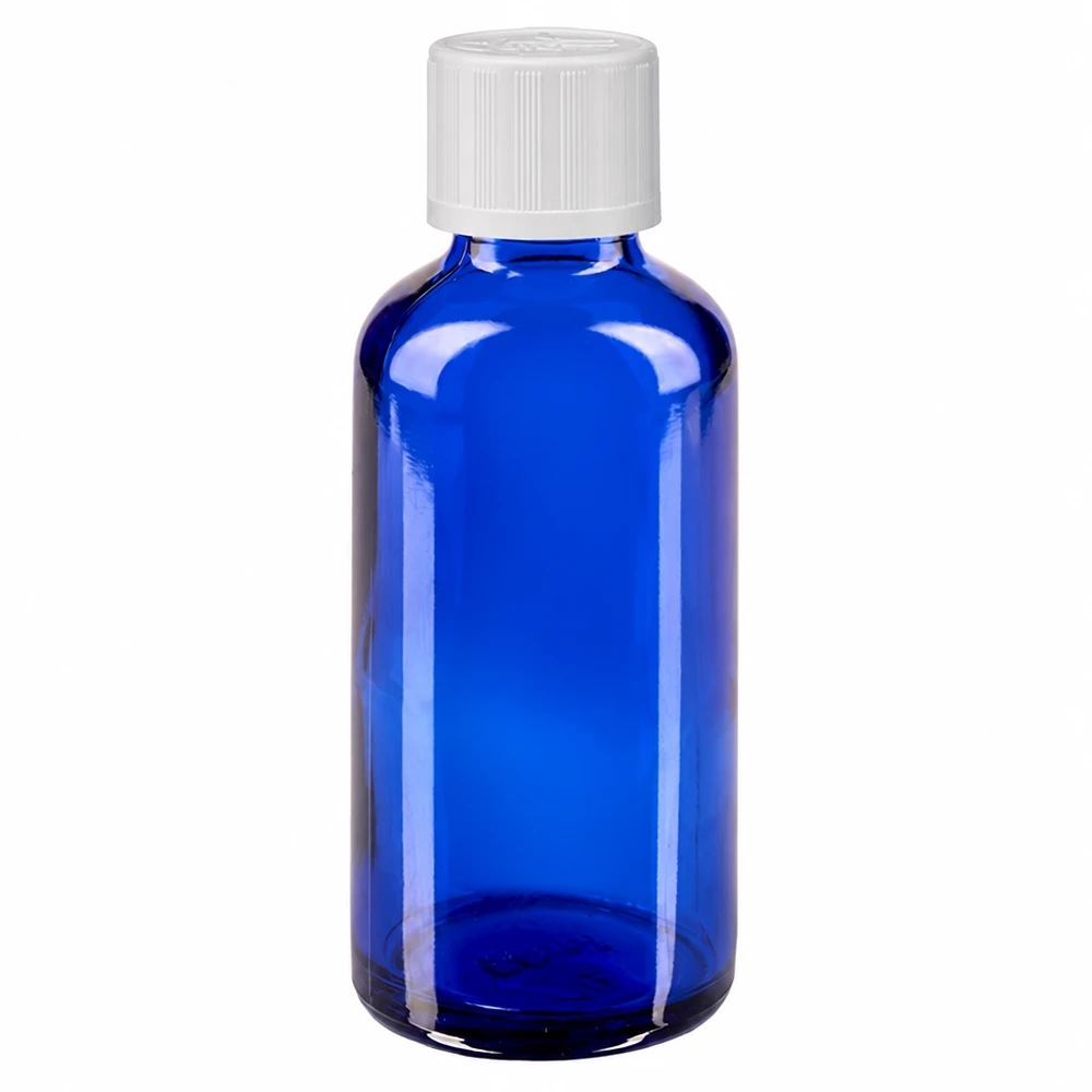 Frasco de farmacia de cristal azul de 50 ml con tapón de seguridad para niños de color blanco y dosificador de gotas de 1,2 mm