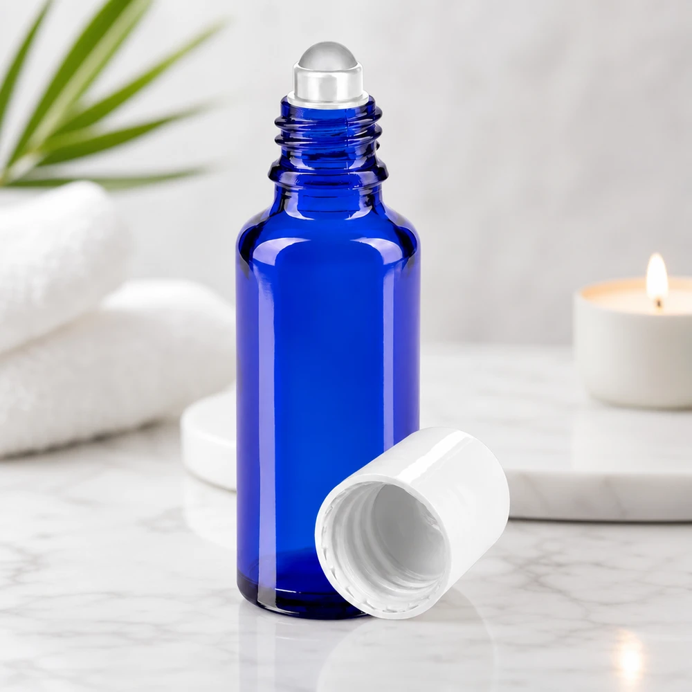 Botella de farmacia azul 30ml tapón roll-on blanco Frasco azul de 30 ml con aplicador de bola, fabricado en vidrio con protección UV y con tapón blanco estándar para aceites esenciales