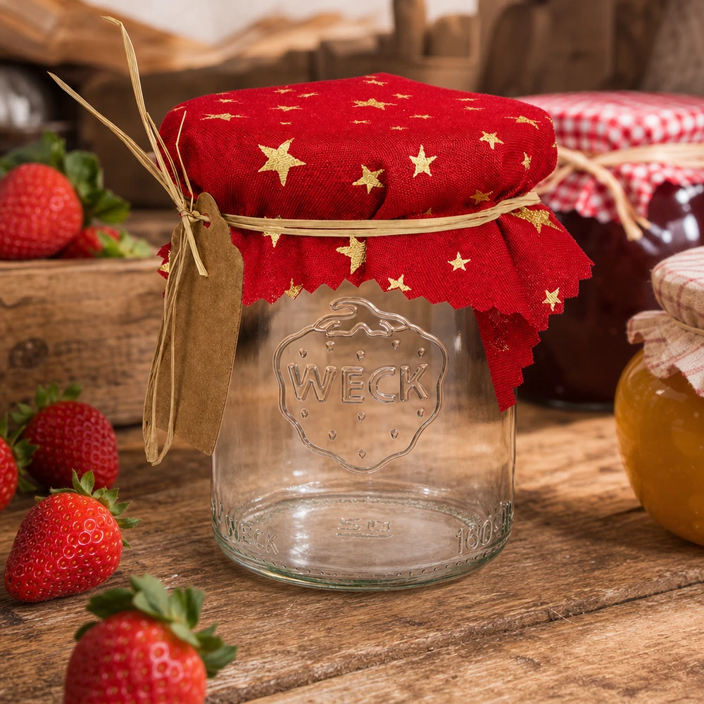 Alfombra de tela para bisutería "estrellas" rojo 12cm cuadrado Dekoratives Schmuckdeckchen rot Sterne auf Einmachglas mit Erdbeeren rustikale Küchendeko Landhausstil 12cm