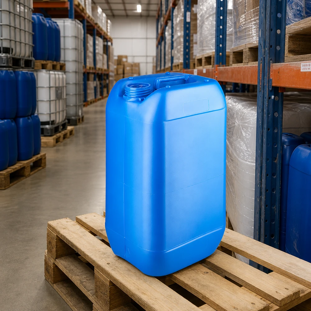Bidón industrial apilable de 15 litros, azul, sin tapón, en el almacén sobre un palé de madera