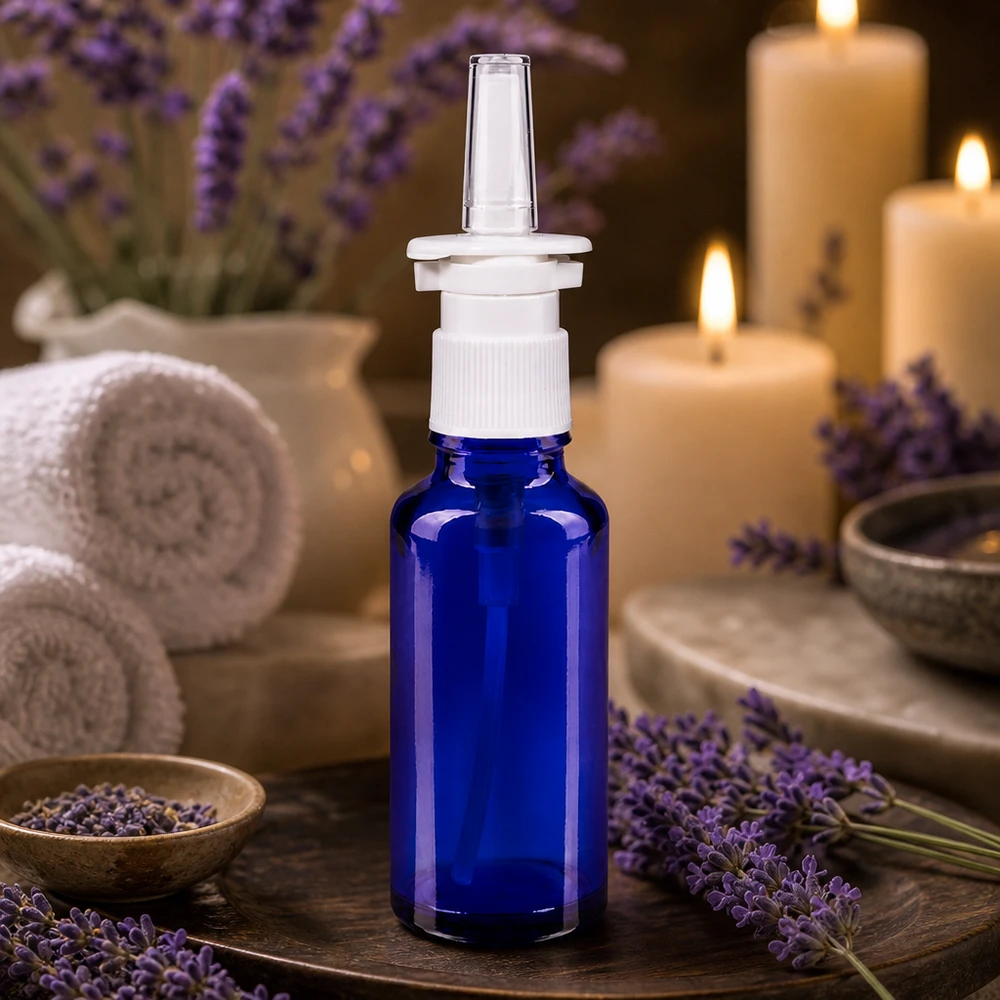 Botella de farmacia azul 30ml spray nasal blanco estándar Frasco azul de 30 ml para spray nasal de ApoGlas con boquilla transparente y decoración de lavanda