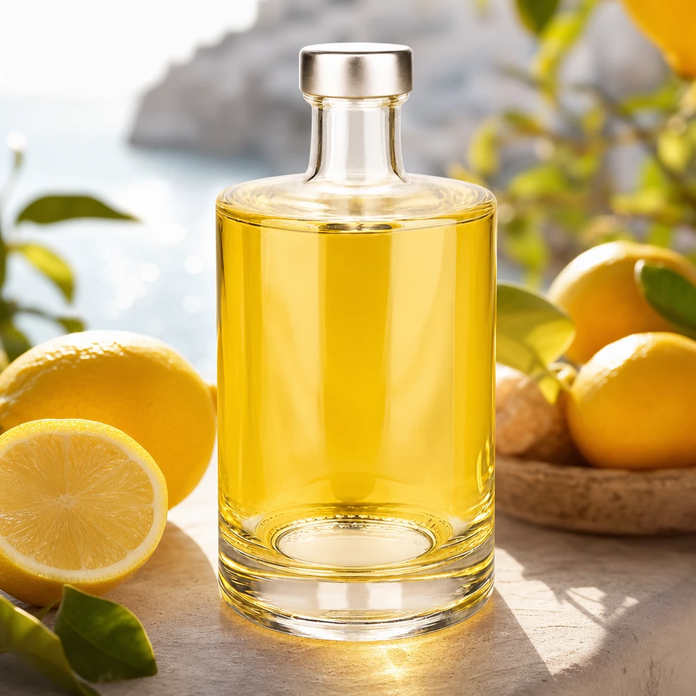 Botella de vidrio de 500 ml «Sam» y tapón de rosca plateado UNiTWIST® Botella de cristal de 500 ml Sam llena de líquido amarillo junto a limones sobre una mesa de madera Aplicación del estilo de vida