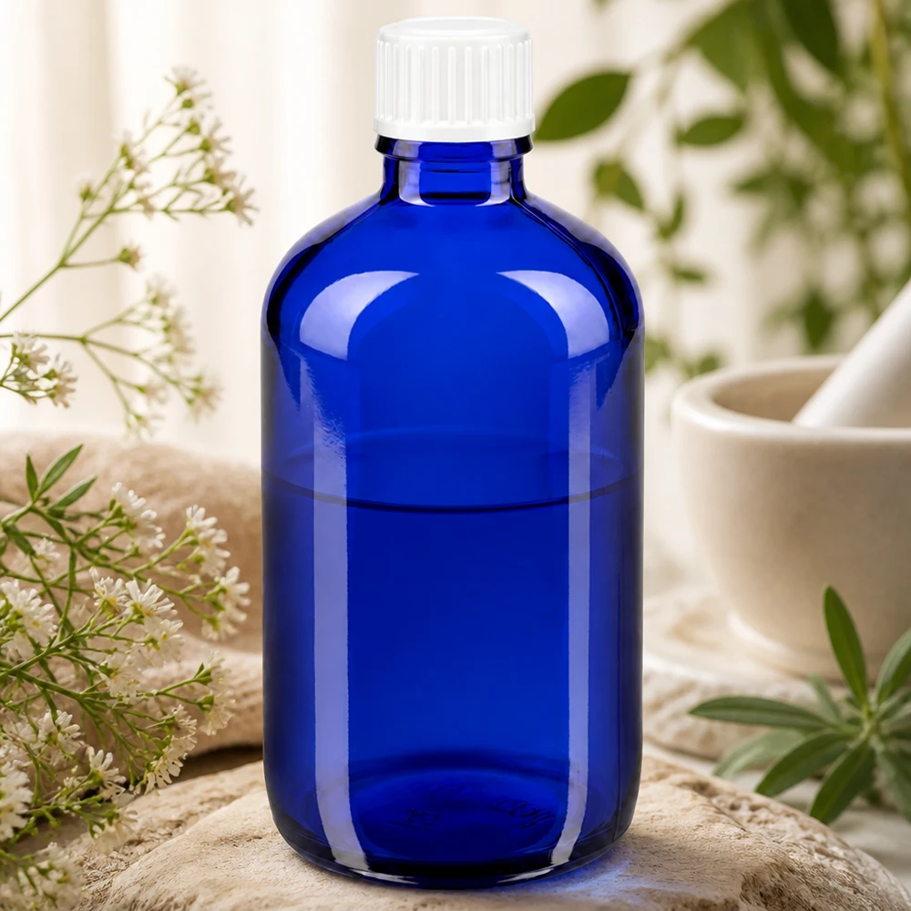 Frasco de farmacia azul cobalto de 100 ml con tapón cuentagotas blanco y decoración de hierbas
