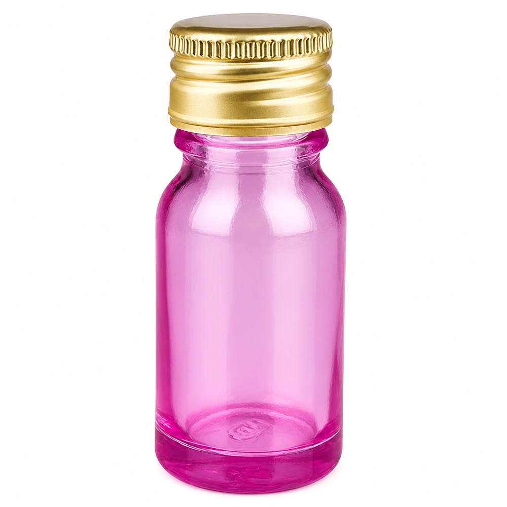 Frasco de 10ml 11mm tapón de rosca aluminio oro estándar PurpleLine. UT18/10 Frasco de 10 ml con tapón de rosca de aluminio dorado y vidrio transparente morado para aceites esenciales
