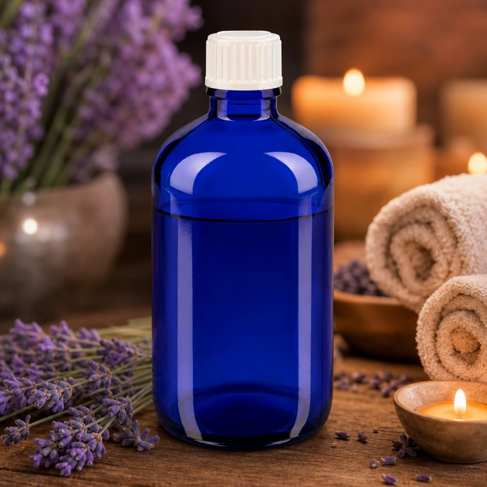 Frasco de farmacia azul de 100 ml con lavanda y velas para aromaterapia y bienestar