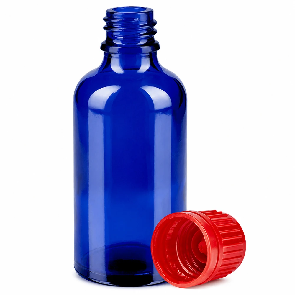 Frasco de laboratorio azul de 50 ml con tapón de rosca rojo SV 11 mm OV BlueLine UT18/50