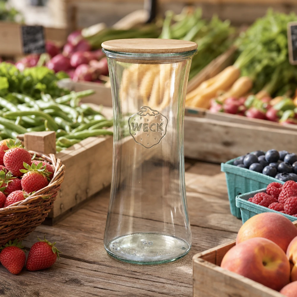 WECK delicatessen tarro 700ml RR80 con tapa de madera en mercado semanal entre frutas y verduras frescas entorno natural