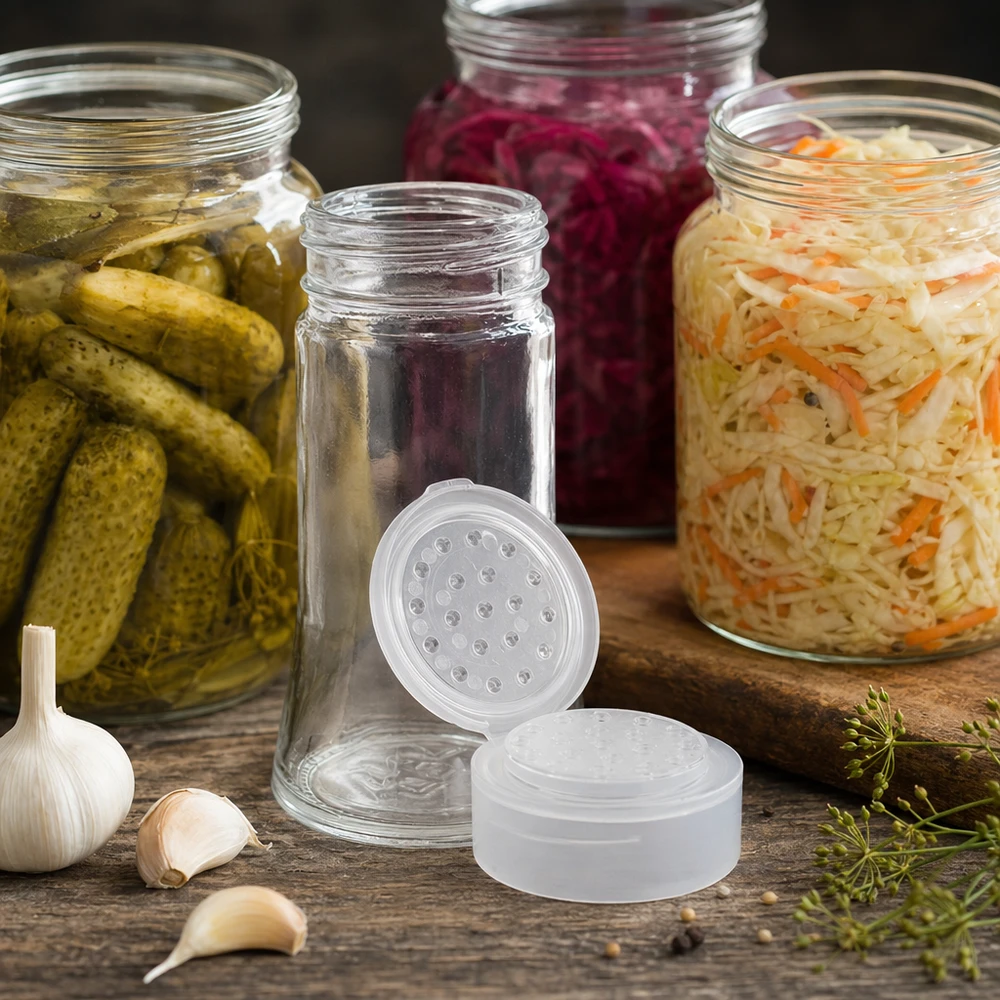 Frasco para sal y especias de 95 ml con dosificador, color blanco Frasco pequeño para especias de 95 ml con tapa dosificadora blanca, junto a pepinillos en escabeche y chucrut