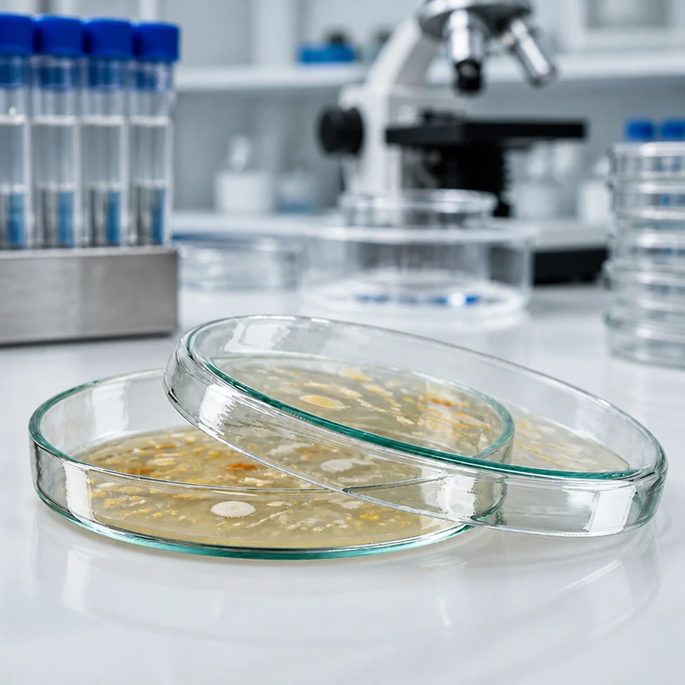 Placa de Petri de cristal de 90 x 15 mm con cultivos bacterianos en el laboratorio microbiológico