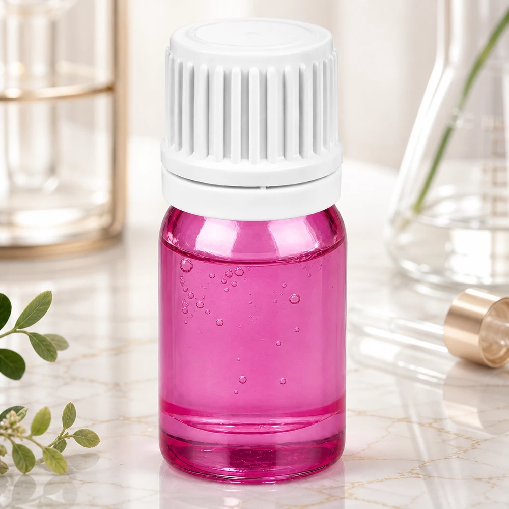 Pequeño frasco de cristal de 5 ml con un preciso tapón cuentagotas de elegante color púrpura para aplicaciones de belleza