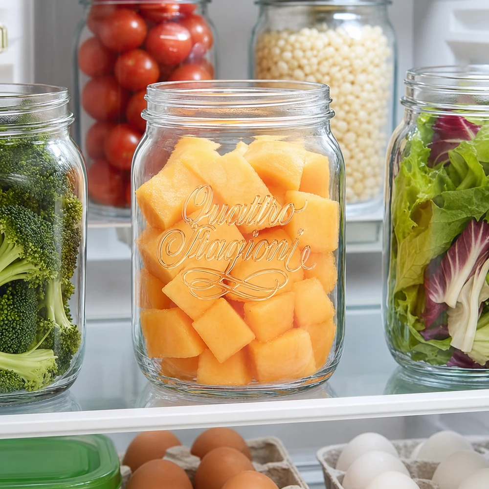Tarro doméstico Quattro Stagioni de 2000 ml con trozos de melón en la nevera junto a otros tarros con verduras
