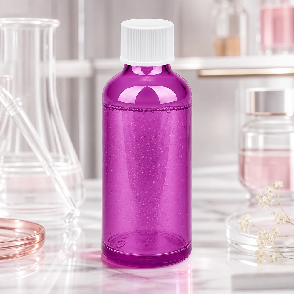Frasco de laboratorio compacto de 50 ml de vidrio violeta con tapón blanco para una dosificación precisa