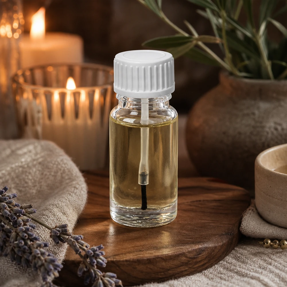 Frasco transparente con aplicador de pincel de 10 ml con tapón blanco sobre un posavasos de madera, junto a ramitas de lavanda y velas
