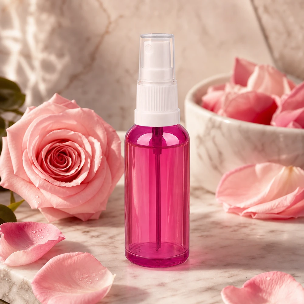 Botella pulverizadora vacía de 50 ml de color púrpura transparente con cabezal pulverizador blanco para cosméticos de bricolaje