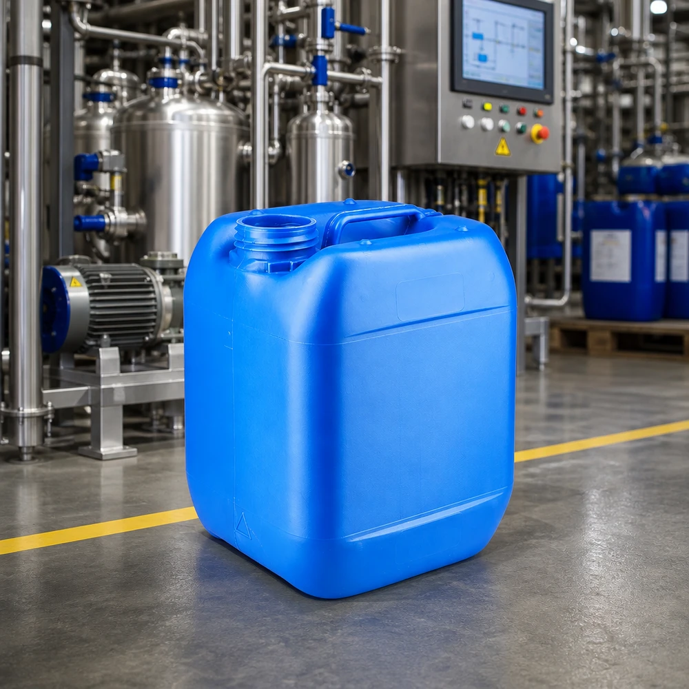 Bidón resistente de HDPE de 5 litros, de color azul y sin tapón, en una planta de producción industrial