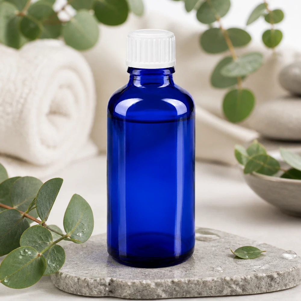 Botella de farmacia azul 50ml tapón de rosca blanco glóbulos estándar Frasco cuentagotas azul de 50 ml, de cristal de farmacia, con tapón de rosca blanco rodeado de ramitas de eucalipto