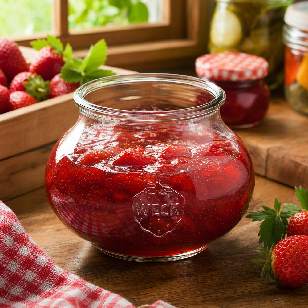 Tarro decorativo WECK 560ml RR80 lleno de mermelada de fresa en una cocina rústica con fresas frescas y tarros de conserva