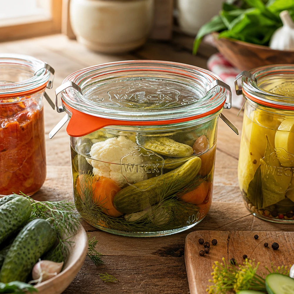 Tarro de conserva RR80 de 200 ml de WECK para conservar verduras y pepinos en una cocina rústica con eneldo y especias