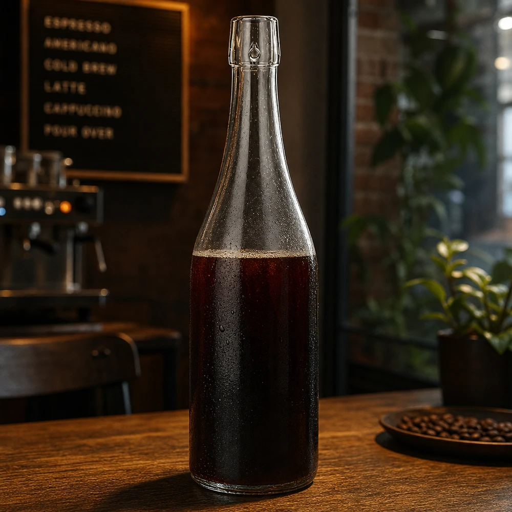 Botella de cristal de 750 ml sin tapón giratorio UNiTWIST 750ml UNiTWIST Glasflasche mit Cold Brew Kaffee befüllt auf Holztisch in stylischer Café Atmosphäre Anwendung
