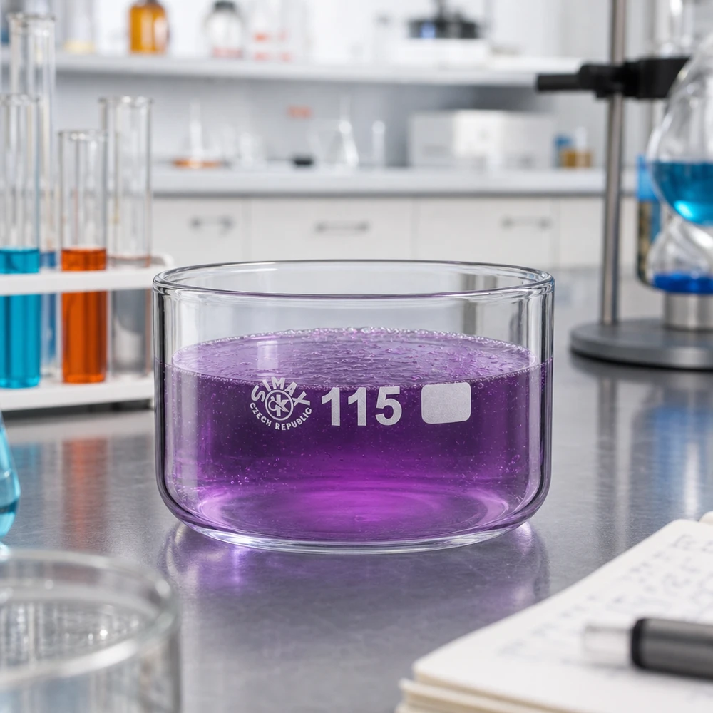 Recipiente de cristalización SIMAX de 500 ml con solución de permanganato potásico de color violeta en el laboratorio, sobre una mesa de acero inoxidable