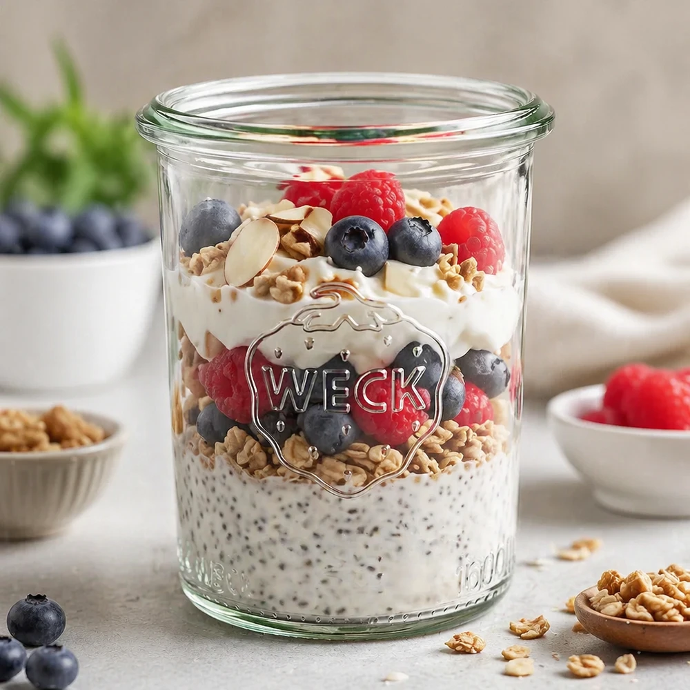 Tarro de conserva de 160ml WECK RR60 WECK 160ml RR60 mason jar relleno de pudin de chía bayas y frutos secos como idea de desayuno saludable