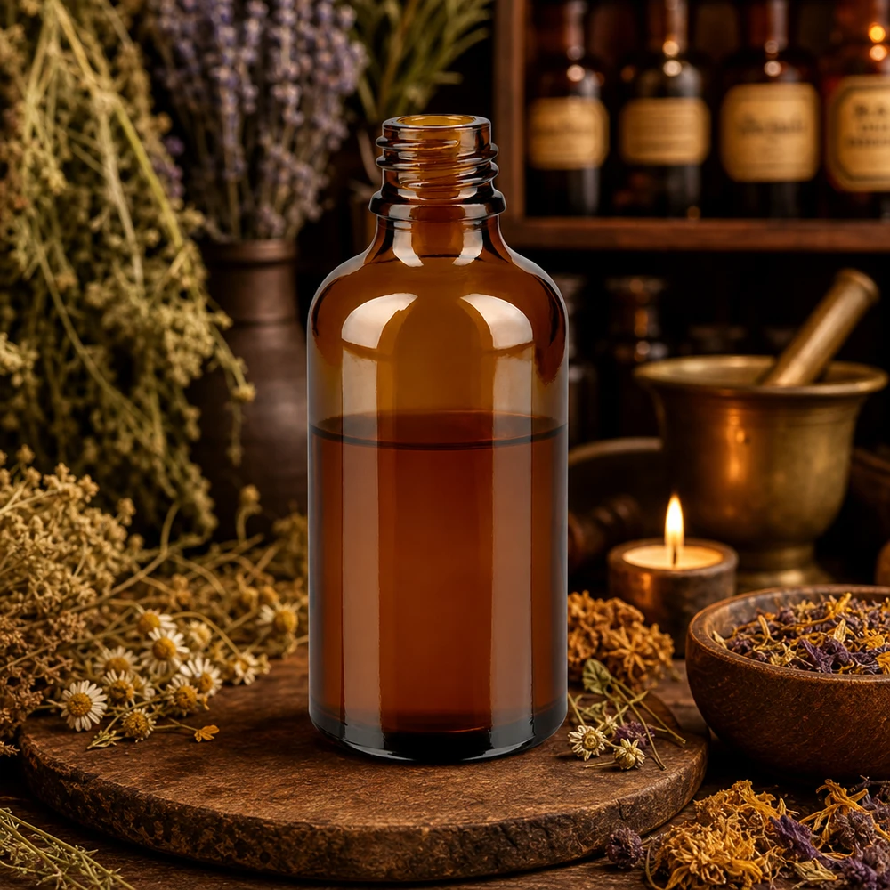 Frasco cuentagotas 50 ml DIN 18 de vidrio ámbar Frasco de farmacia ApoGlas marrón de 50 ml con tintura de hierbas en botica rústica de hierbas con mortero y plantas medicinales