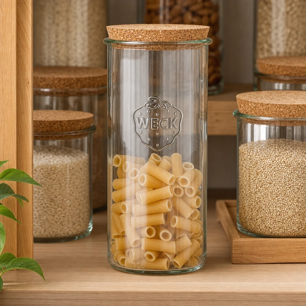 Vasos 1500ml WECK RR100 con corcho natural WECK RR100 Tarro de 1500 ml relleno de pasta Estante de cocina Tapa de corcho Organización de la despensa Almacenaje