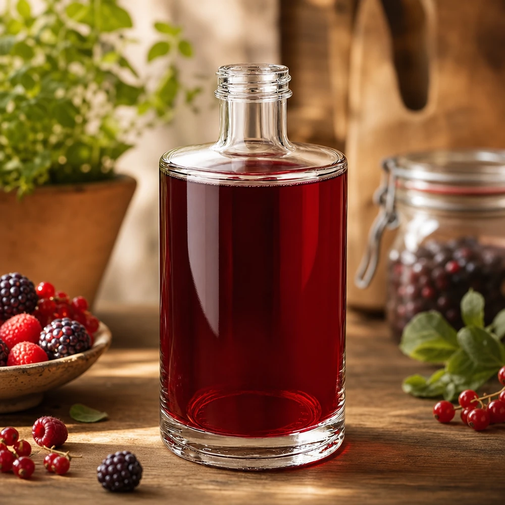 Botella de cristal de 375 ml Sam llena de zumo de bayas rojas rodeado de frambuesas, moras y grosellas frescas