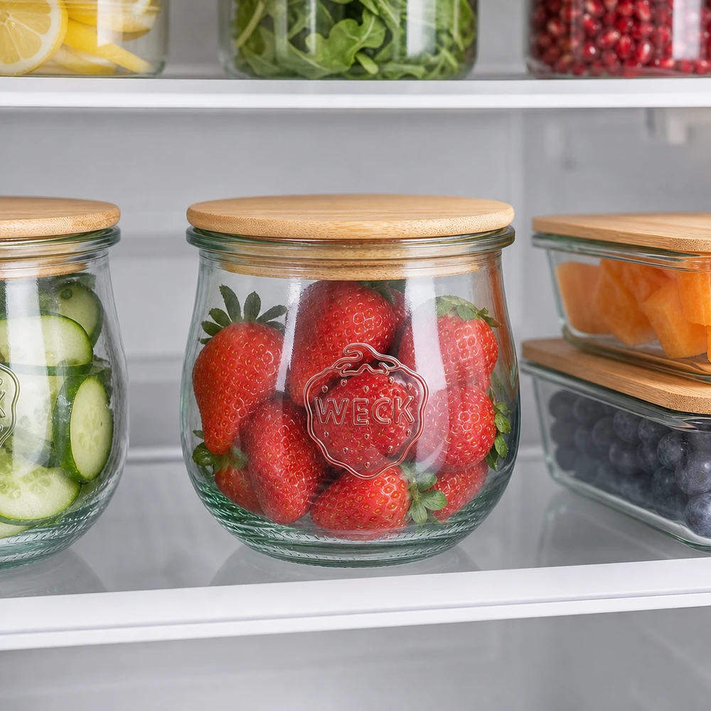 Tarro tulipán WECK 370ml RR80 con tapa de madera para guardar fresas y pepinos en el frigorífico organizado