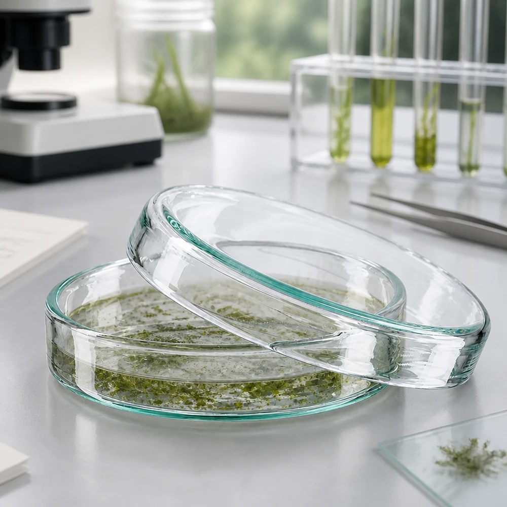 Placa Petri de 60 mm fabricada en vidrio transparente de laboratorio para el cultivo de microorganismos y cultivos celulares. Altura 15 mm Placa de Petri de vidrio borosilicato de 60 x 15 mm, abierta, con un cultivo de algas verdes sobre una mesa de laboratorio