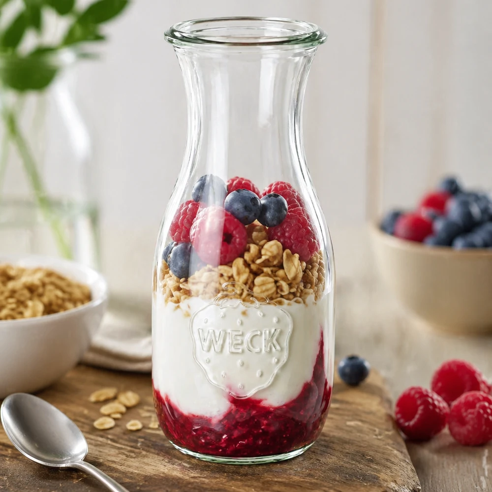 Botella de zumo WECK 530ml RR60 como bol de cereales lleno de yogur bayas y granola junto a fruta fresca