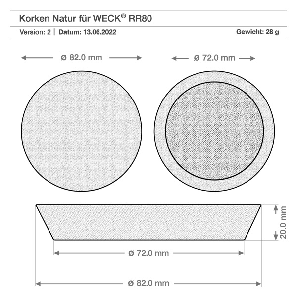 Corcho para apertura de 75mm WECK RR80 (ø72/82, H=20mm) Dibujo técnico WECK RR80 tapón de corcho con dimensiones 72mm 82mm diámetro 20mm altura Tapón de corcho natural